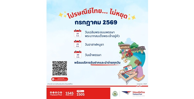 ไปรษณีย์ไทยพร้อมเปิดให้บริการทุกวัน ตลอดช่วงวันหยุดยาวเดือนกรกฎาคม 2569